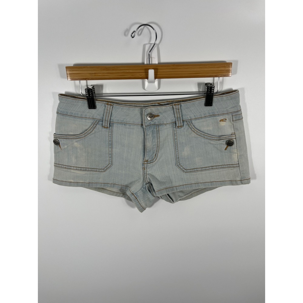 Vintage Y2K Women XXS Denim Micro Mini Shorts Blue Low Rise Distressed Acid Wash